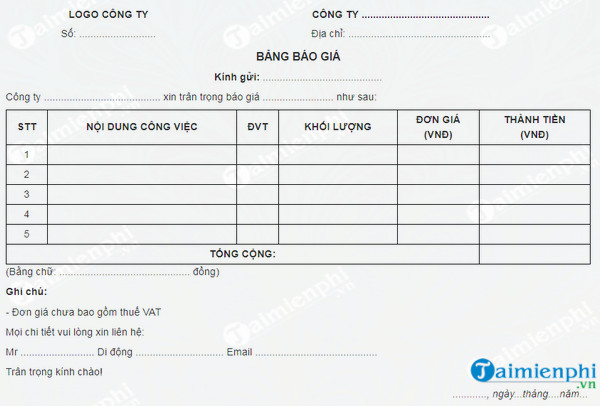 mau bang bao gia chung