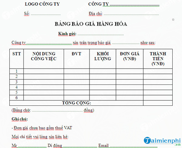 mau bang bao gia hang hoa