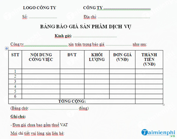mau bang bao gia san pham va dich vu