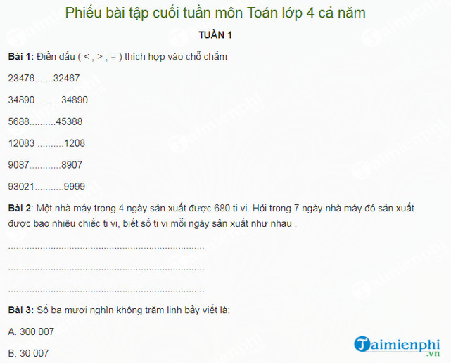 phieu bai tap cuoi tuan mon toan lop 4