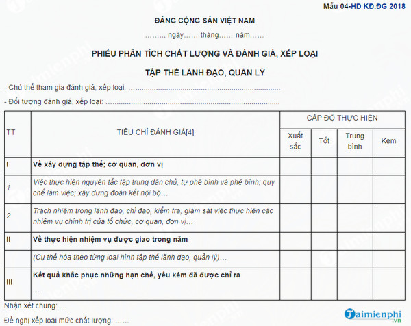 phieu phan tich chat luong va danh gia xep loai tap the lanh dao quan ly